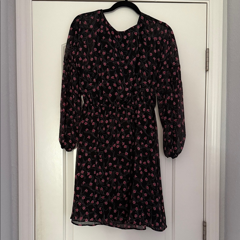 Elizabeth and James Black Long-Sleeve Floral Dress with Pink Flowers